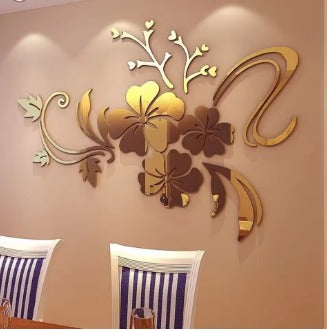 Acrylic Flower Mirror 3D Wall Stickers | Decorative Art For Bedroom & TV Background (Golden)(Silver)